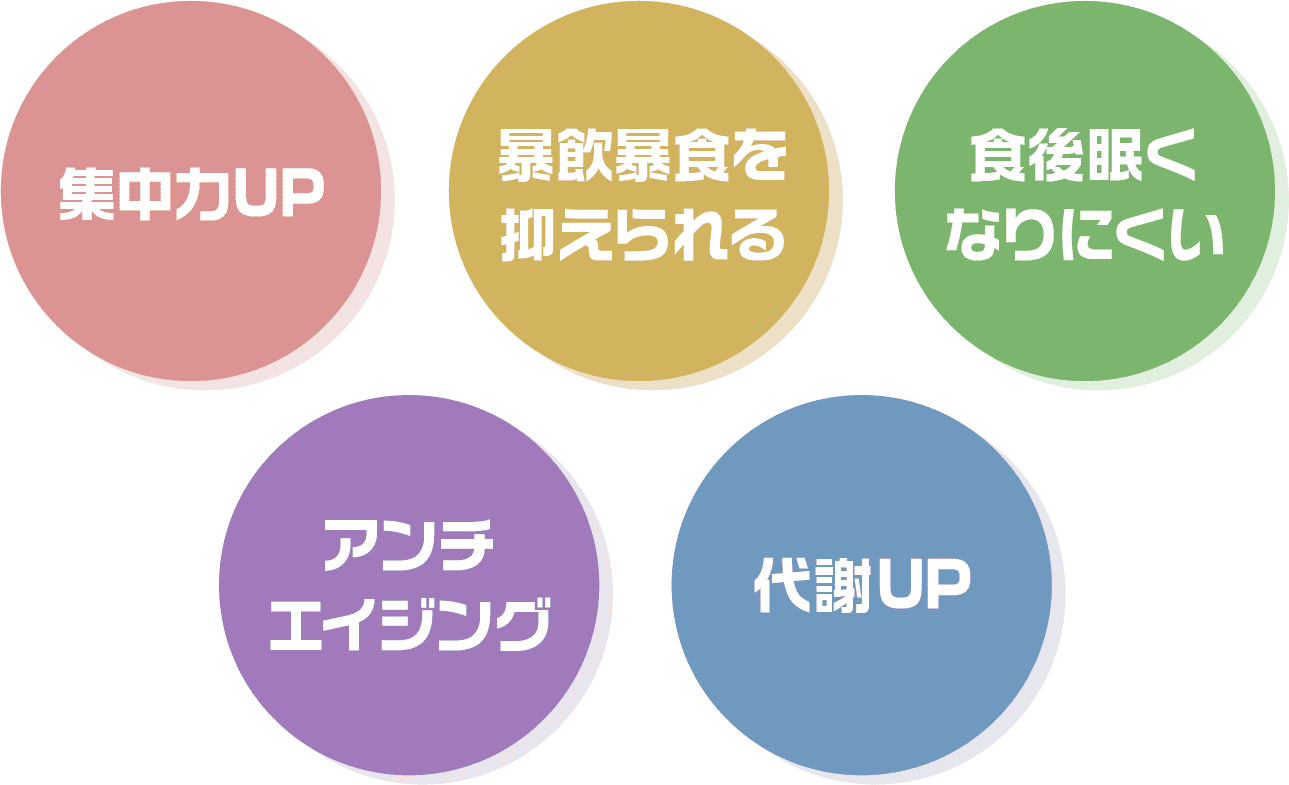 集中力UP、暴飲暴食が抑えられる、食後眠くなりにくい、アンチエイジング、代謝アップ